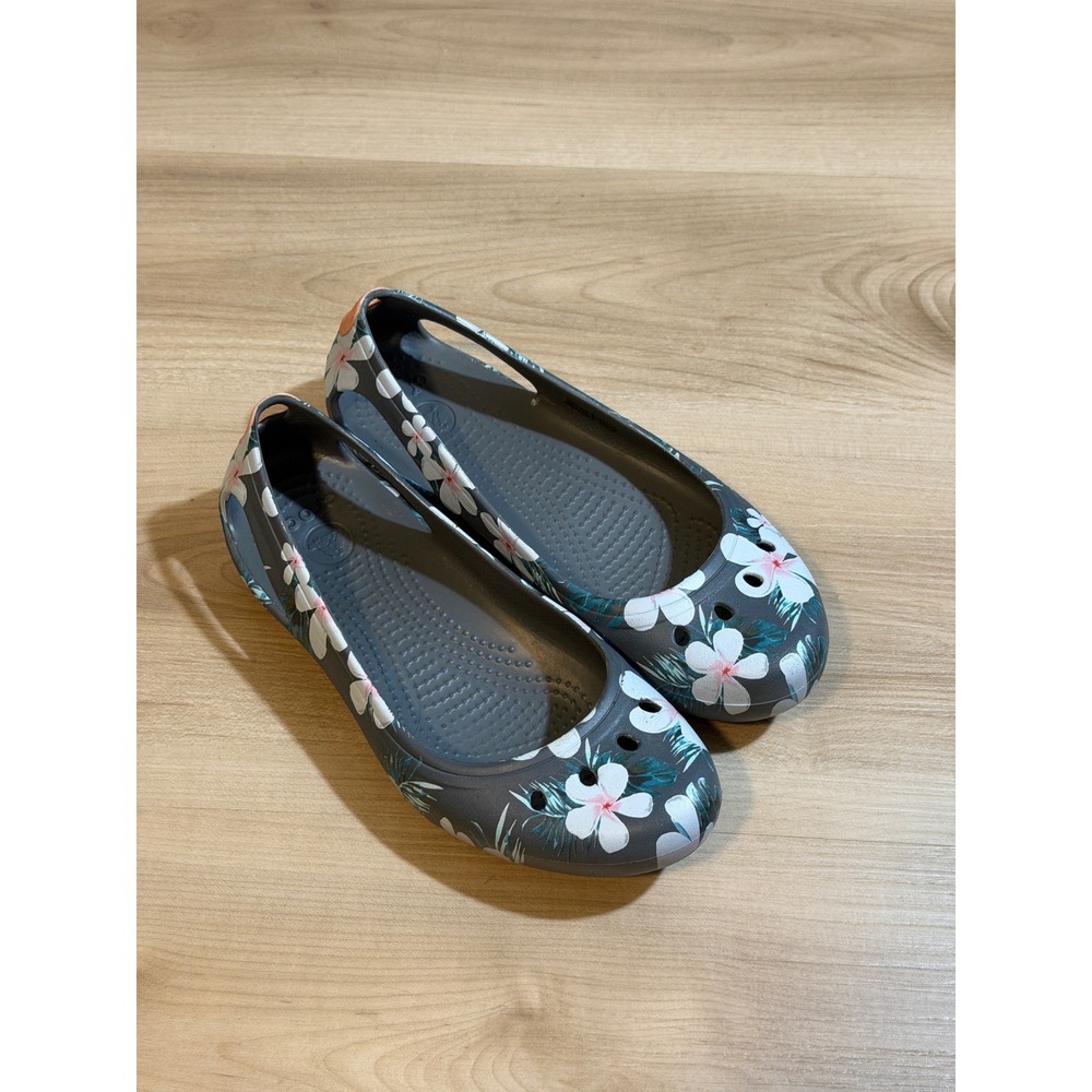 Crocs Kadee Flat Grey Floral W 7 Womens Slip On Casual Comfort Shoes